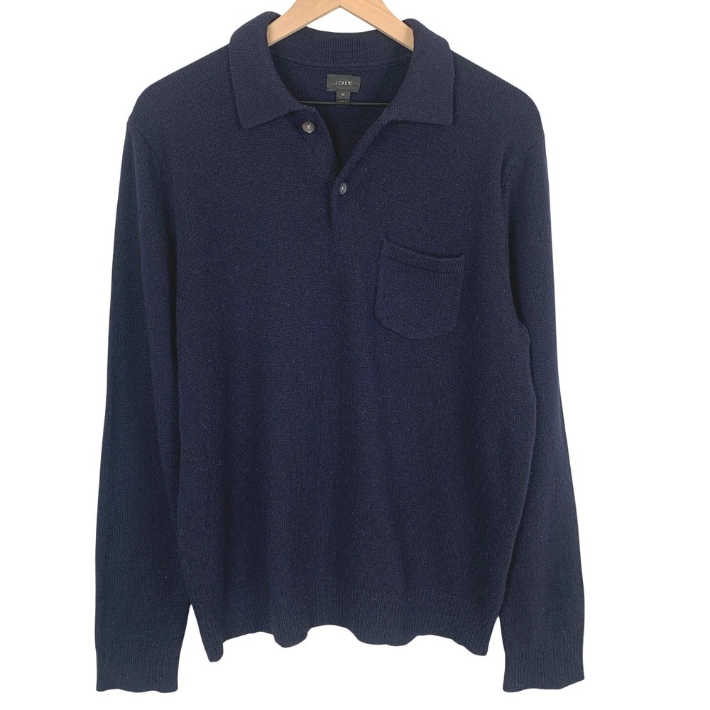 J.CREW 100% Lambswool Long Sleeve Polo Sweater Men's Sz M Navy Blue Classic EUC